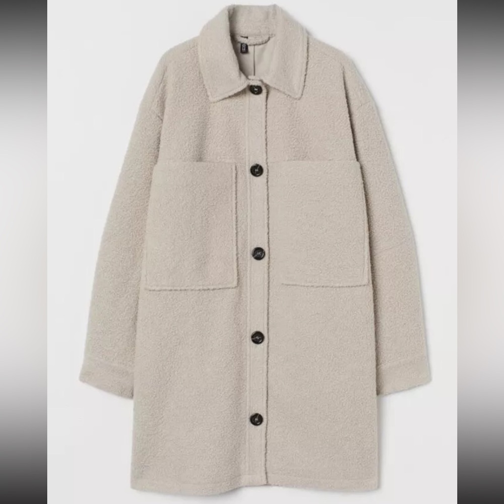H&M Oversized Shirt Jacket In Light Beige Faux Shearling Lined Size S